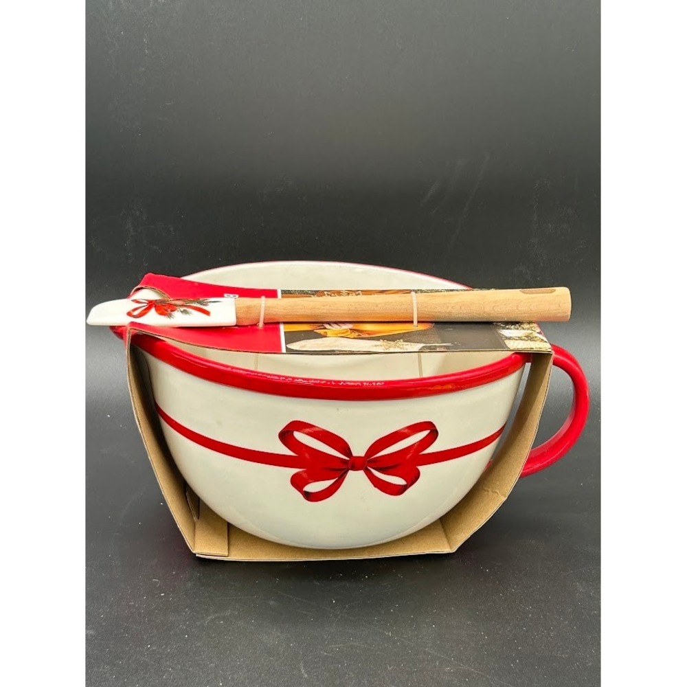 Martha Stewart Festive Christmas Bow Stoneware Batter Bowl with Spatula 3.4qt
